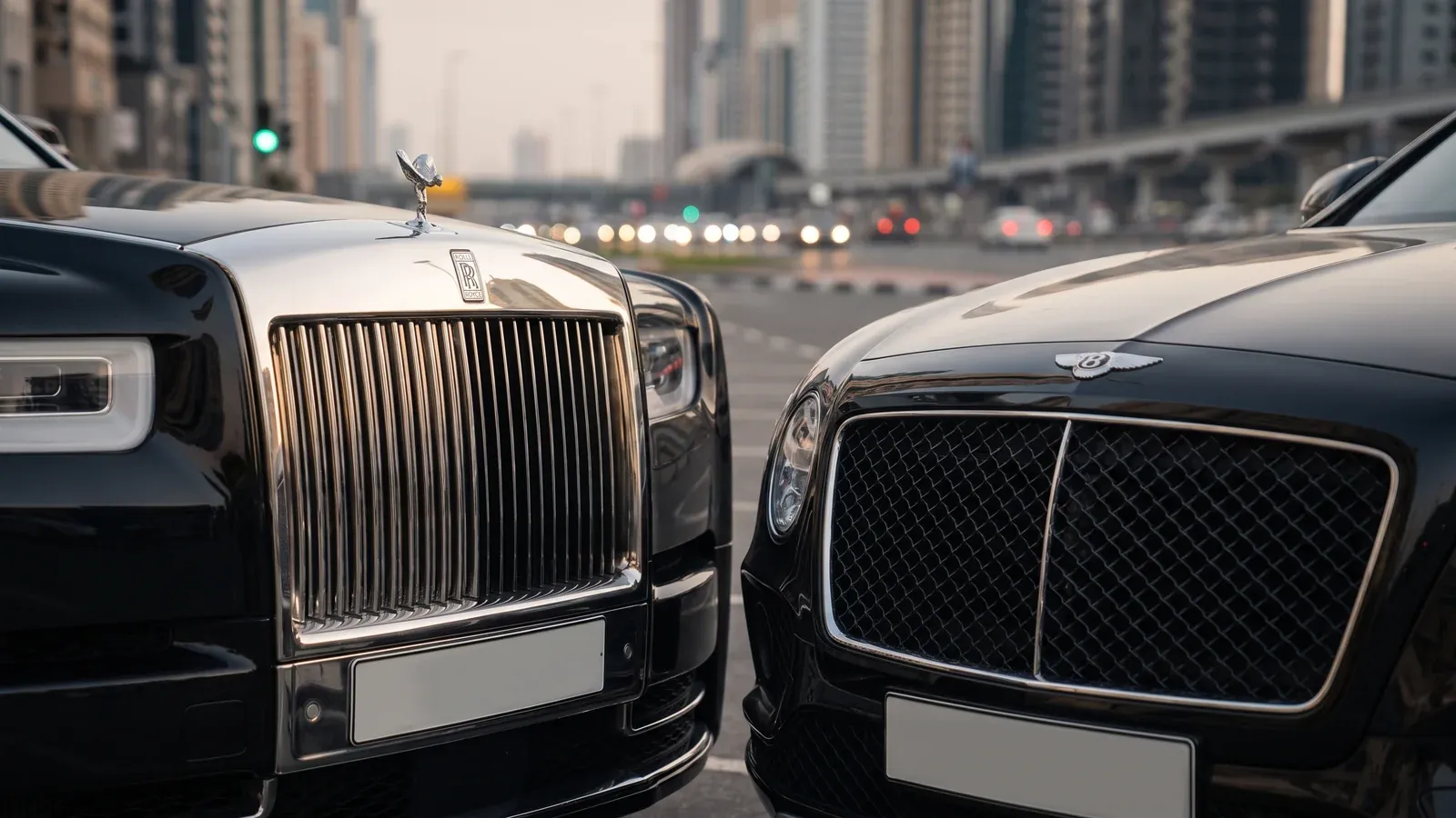 A white Rolls-Royce Ghost and a black Bentley Flying Spur parked side-by-side near Dubai Marina