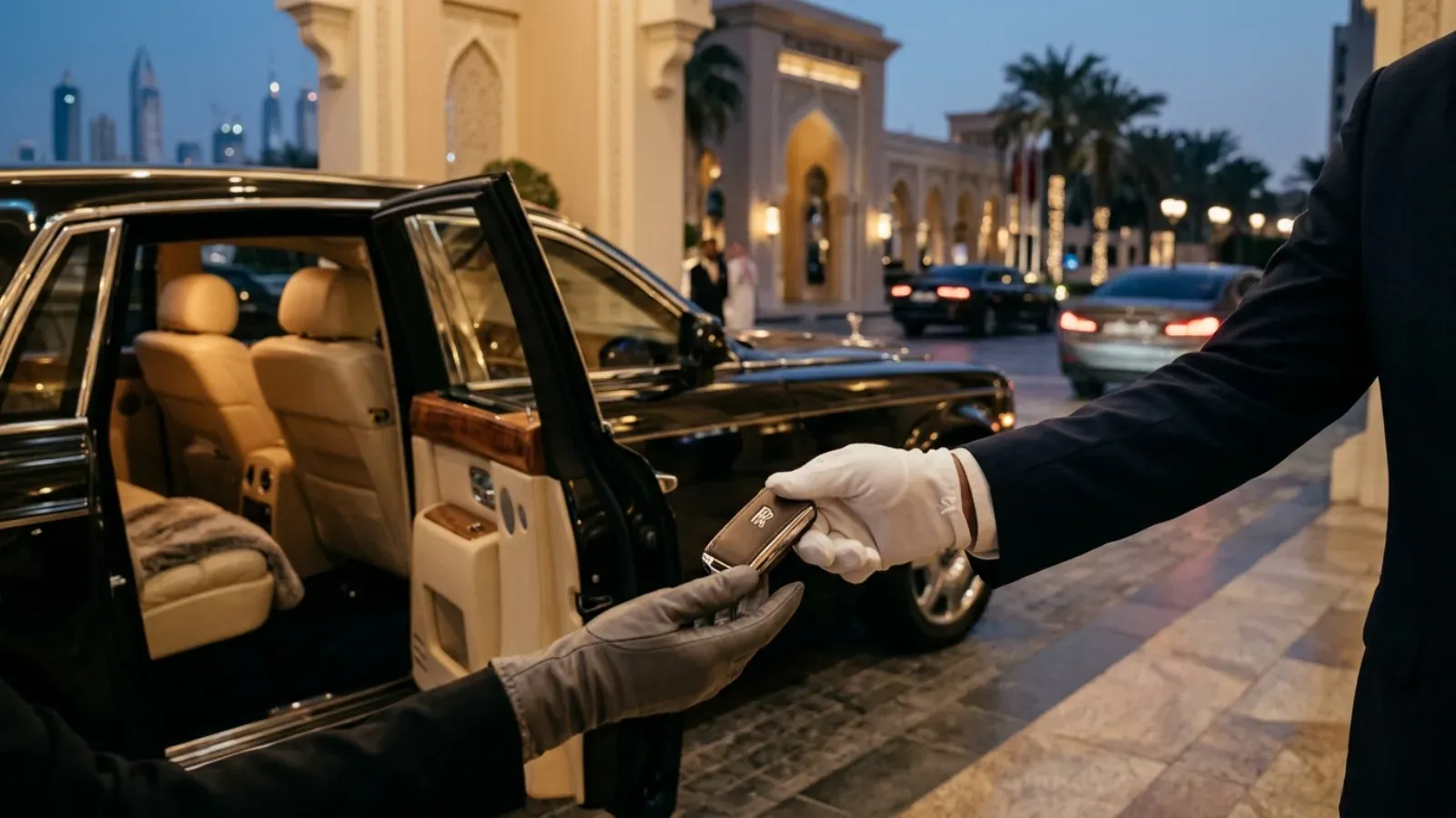 Chauffeur opening a Rolls-Royce Phantom for a one-day rental in Dubai