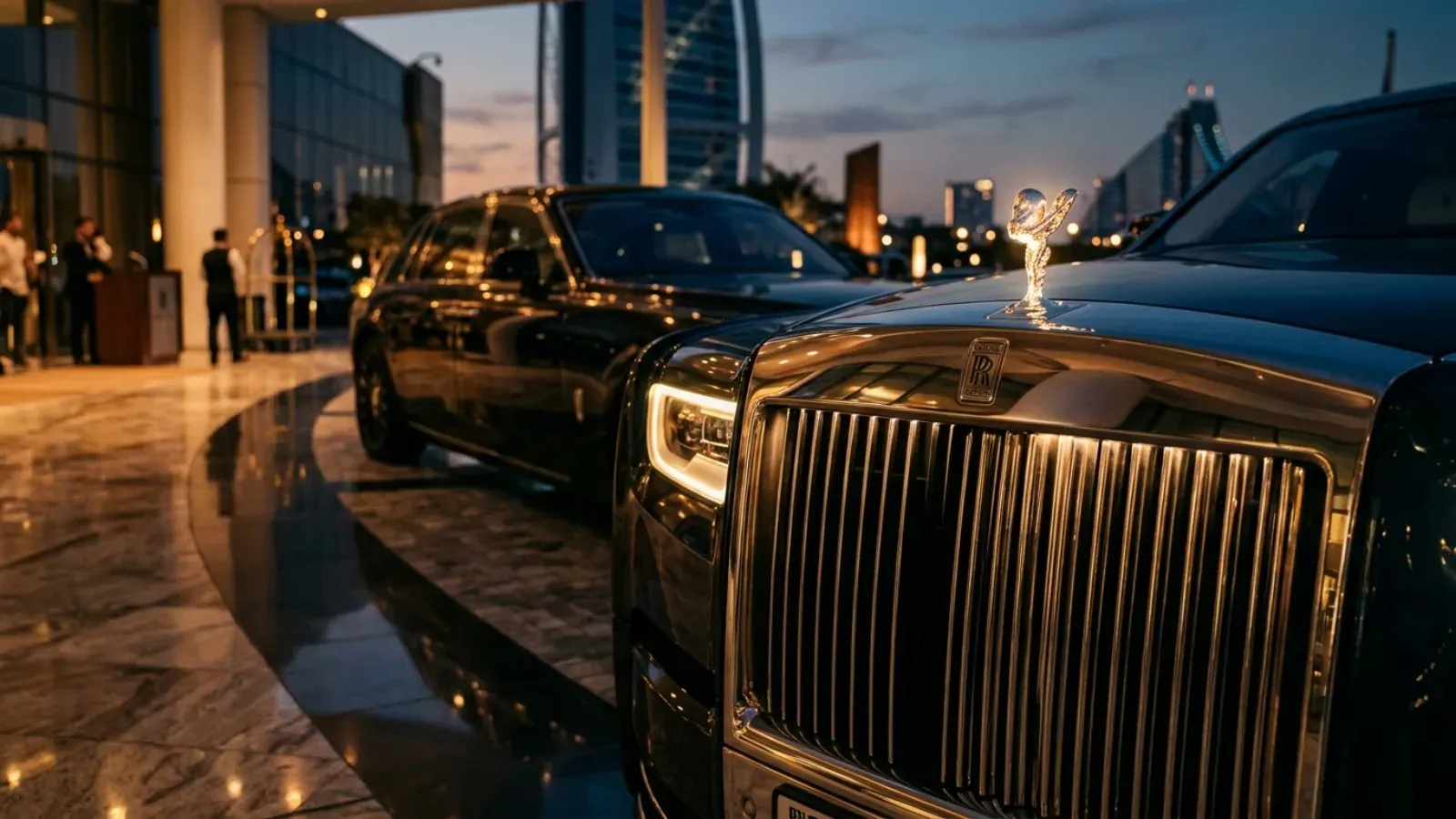 A white Rolls-Royce Phantom parked in front of a luxury hotel in Downtown Dubai.
