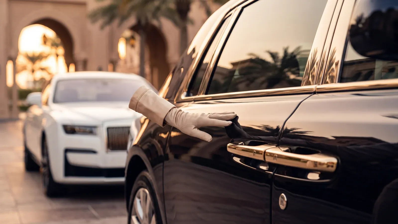 Серебристый Rolls-Royce Phantom и белый Rolls-Royce Ghost припаркованы вместе у частного терминала в Дубае.