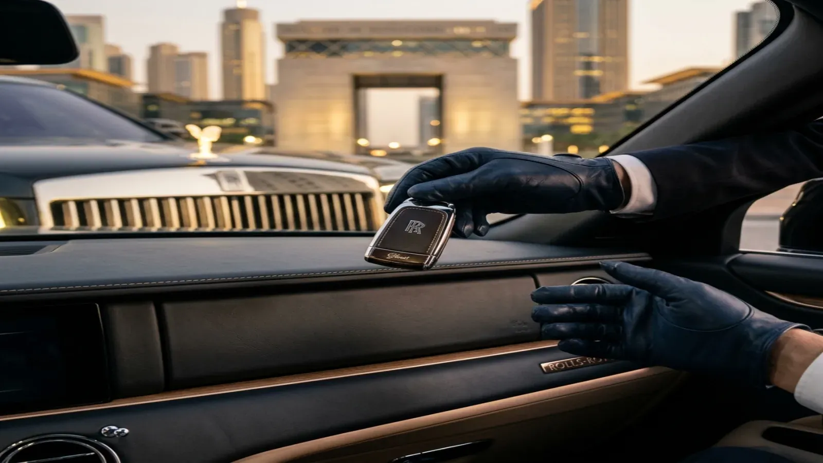 Chauffeur opens a Rolls-Royce Ghost rear door at DIFC, Dubai.