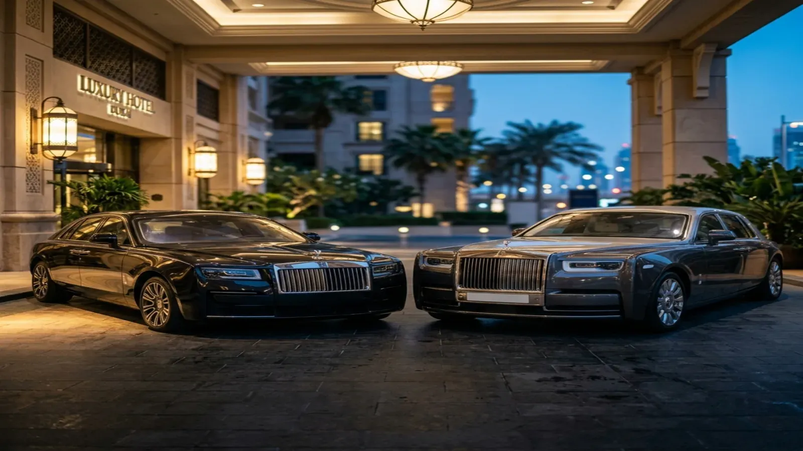 A side-by-side visual comparison of a white Rolls-Royce Ghost and a black Rolls-Royce Phantom parked in front of a modern Dubai villa.