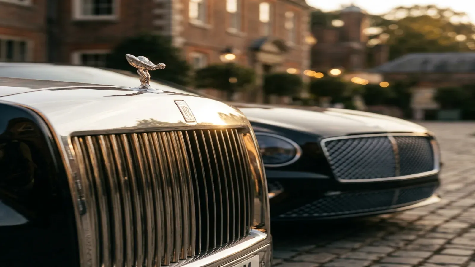 A Bentley and a Rolls-Royce parked side by side in Dubai Downtown at night