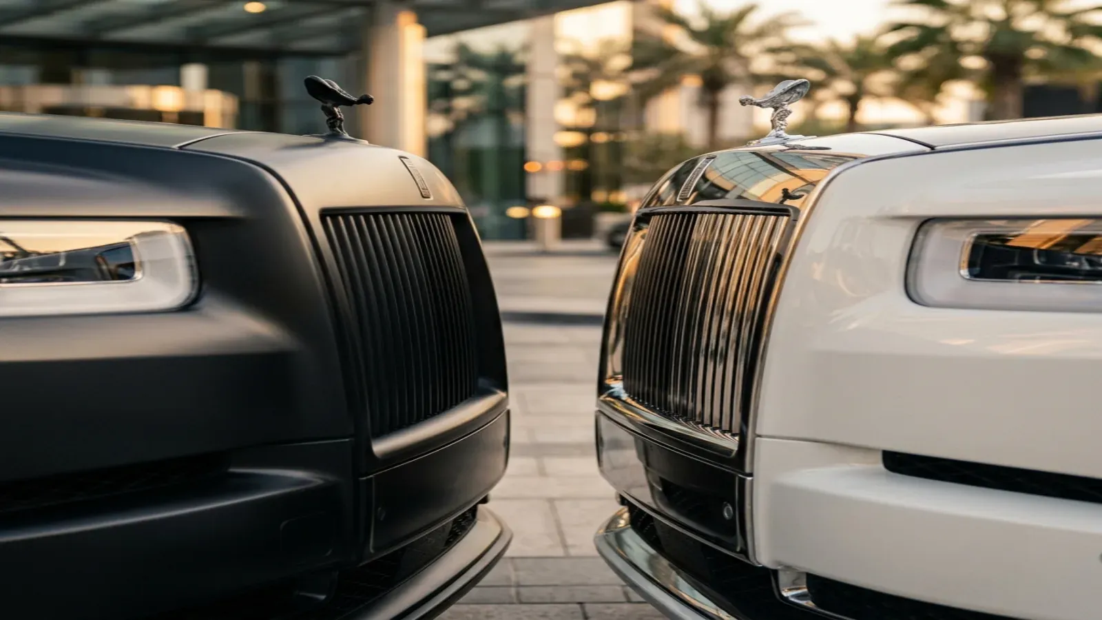 A Matte Black Rolls-Royce Phantom parked next to an Arctic White Phantom in front of a luxury hotel in Dubai