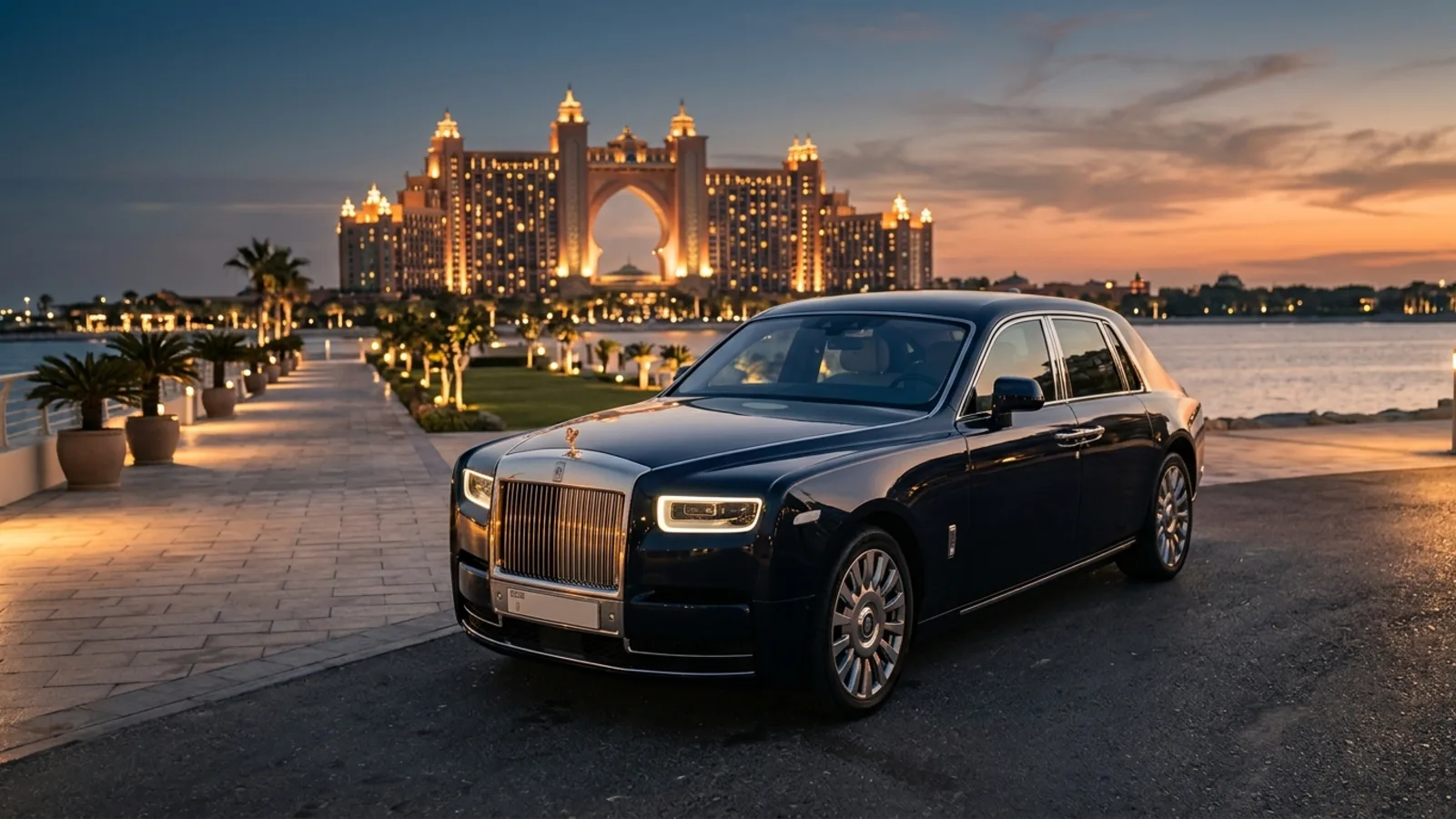 A pristine Rolls-Royce Phantom parked in front of a modern Dubai villa at sunset