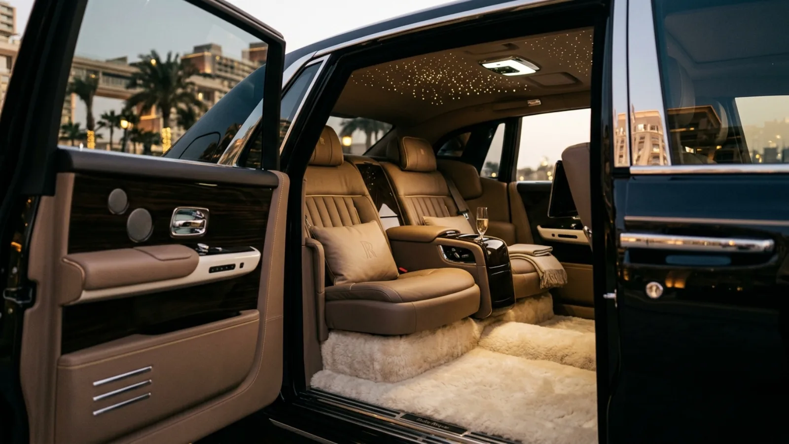 The opulent rear cabin of a Rolls-Royce Phantom