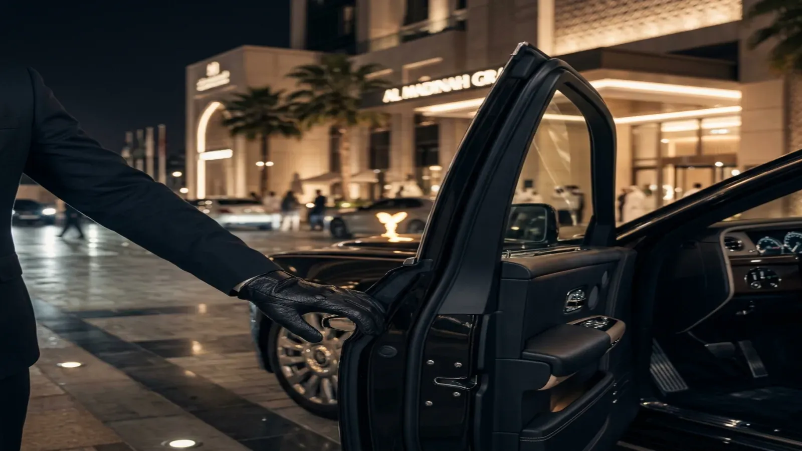 A black Rolls-Royce Phantom parked outside the Burj Al Arab hotel in Dubai