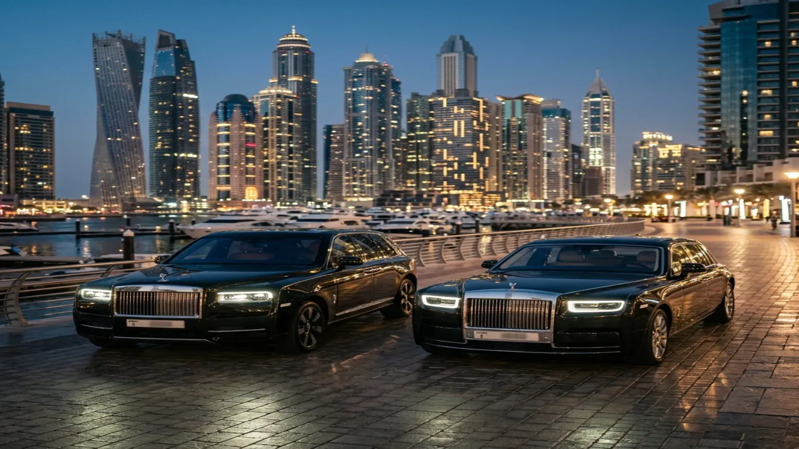 A fleet of luxury Rolls-Royce cars parked in Dubai Marina at dusk