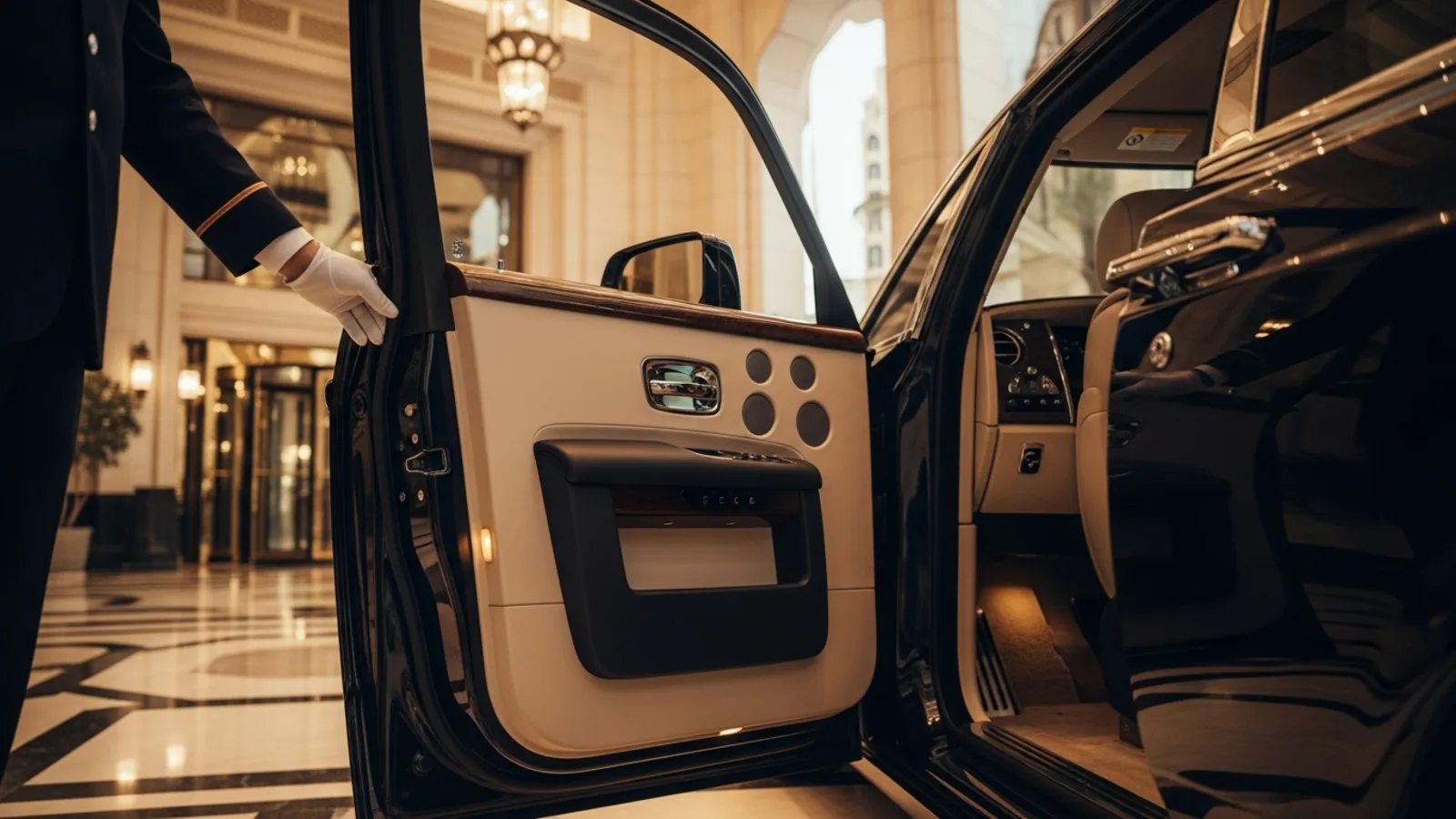 A luxurious 2025 Rolls-Royce Cullinan parked in front of a modern glass building in DIFC, Dubai