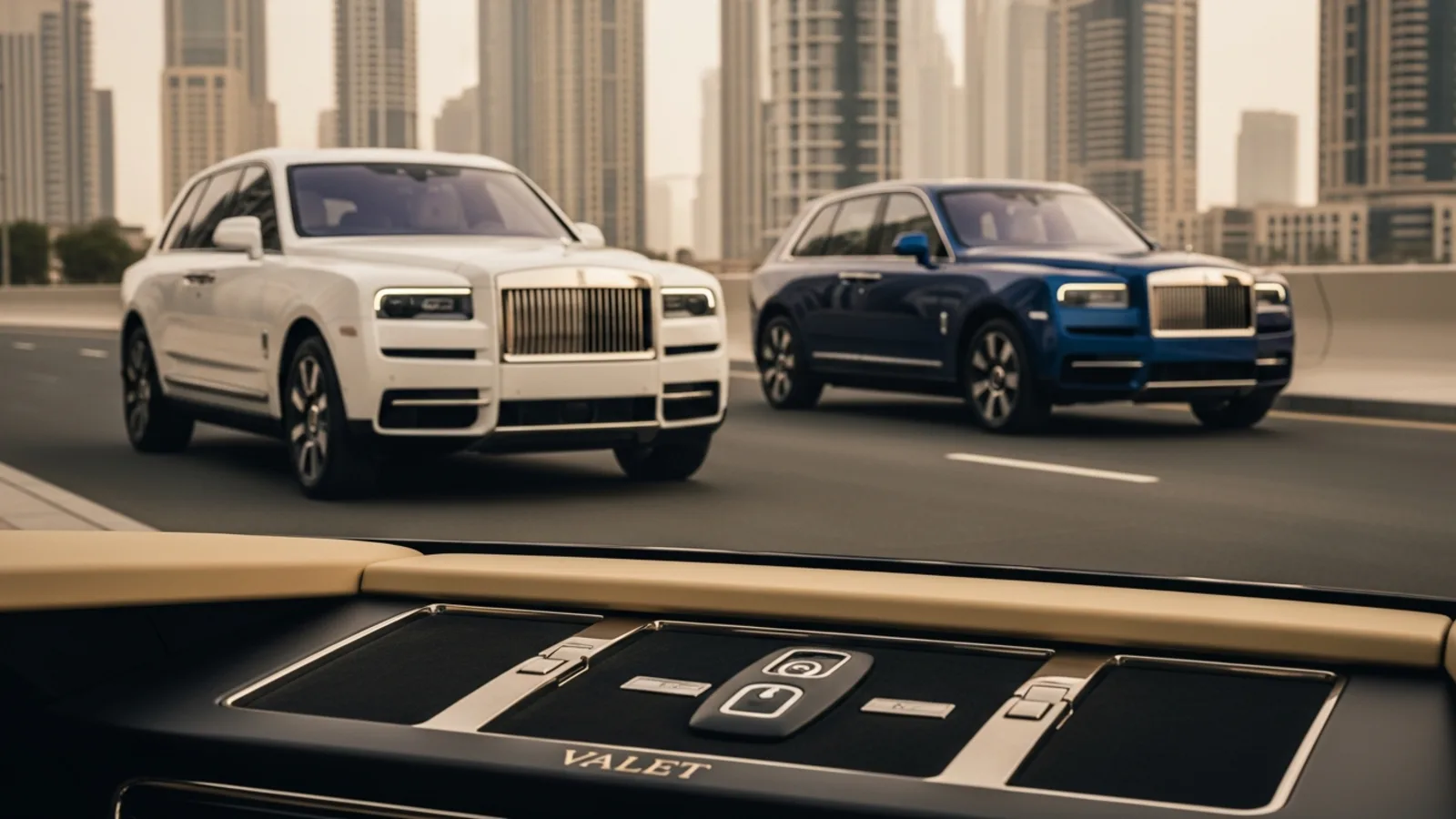 A luxury Rolls-Royce Cullinan parked outside a five-star resort in Downtown Dubai during sunset