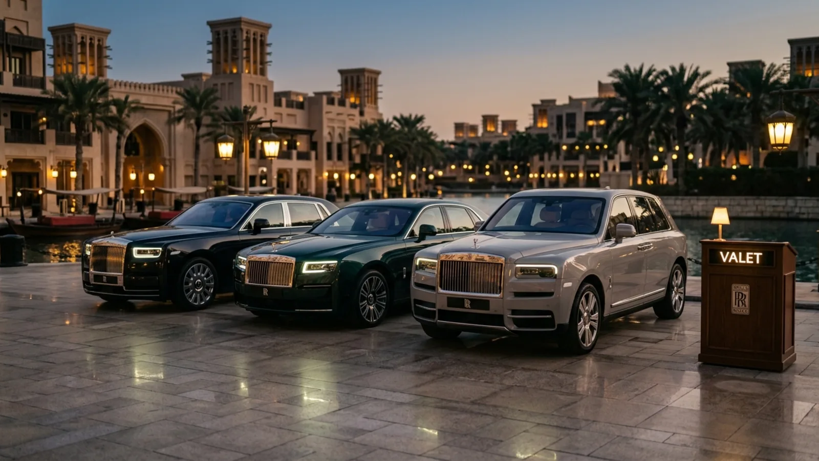 Роскошный Rolls-Royce Phantom, припаркованный перед современной виллой в Дубае на закате