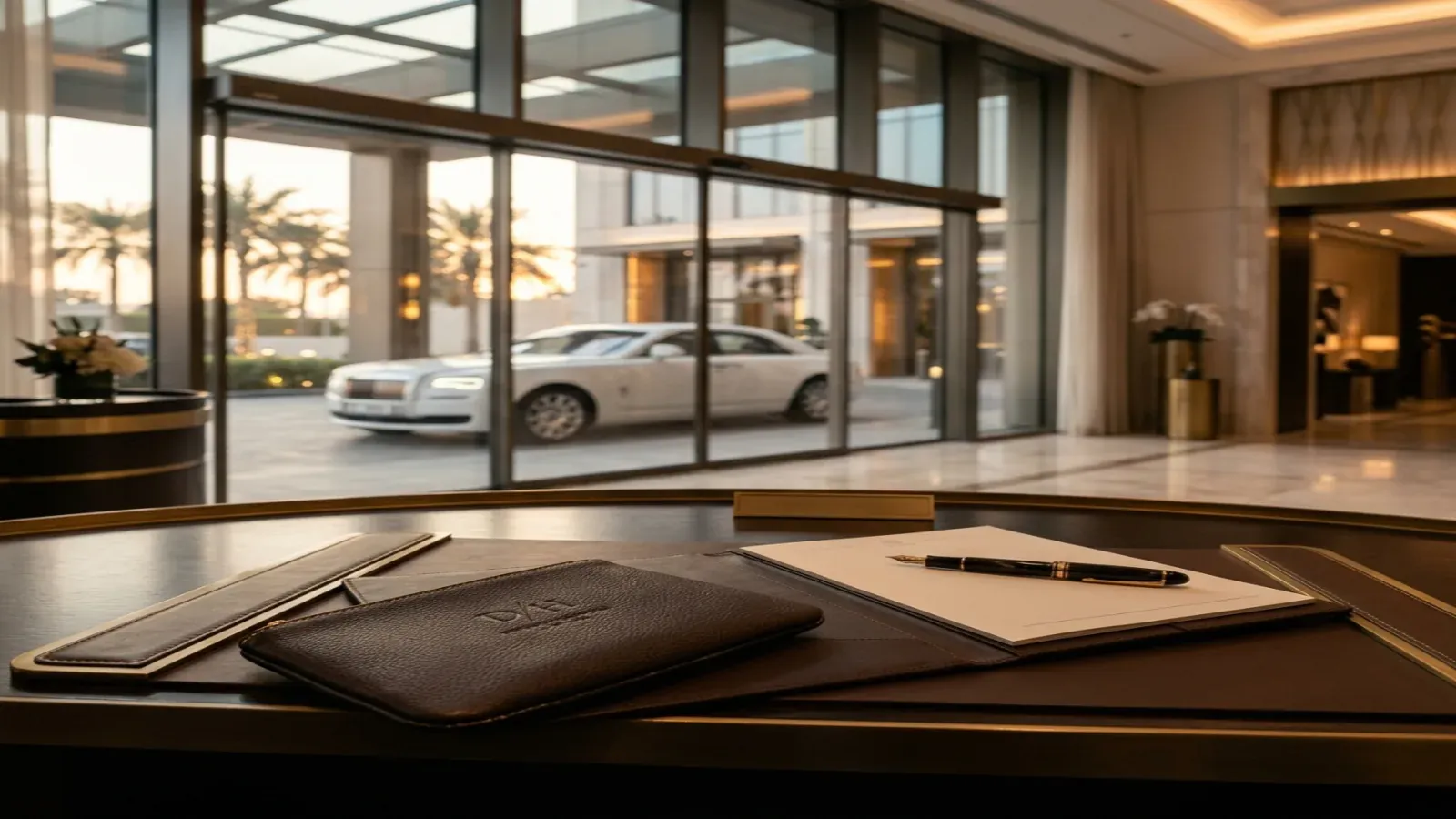 A Rolls-Royce Ghost waiting outside a five-star hotel in Dubai at golden hour