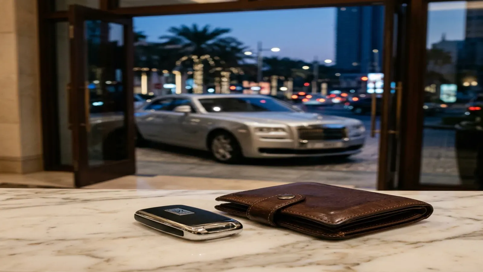 Silver Rolls-Royce Ghost at a Dubai hotel with a chauffeur opening the door.
