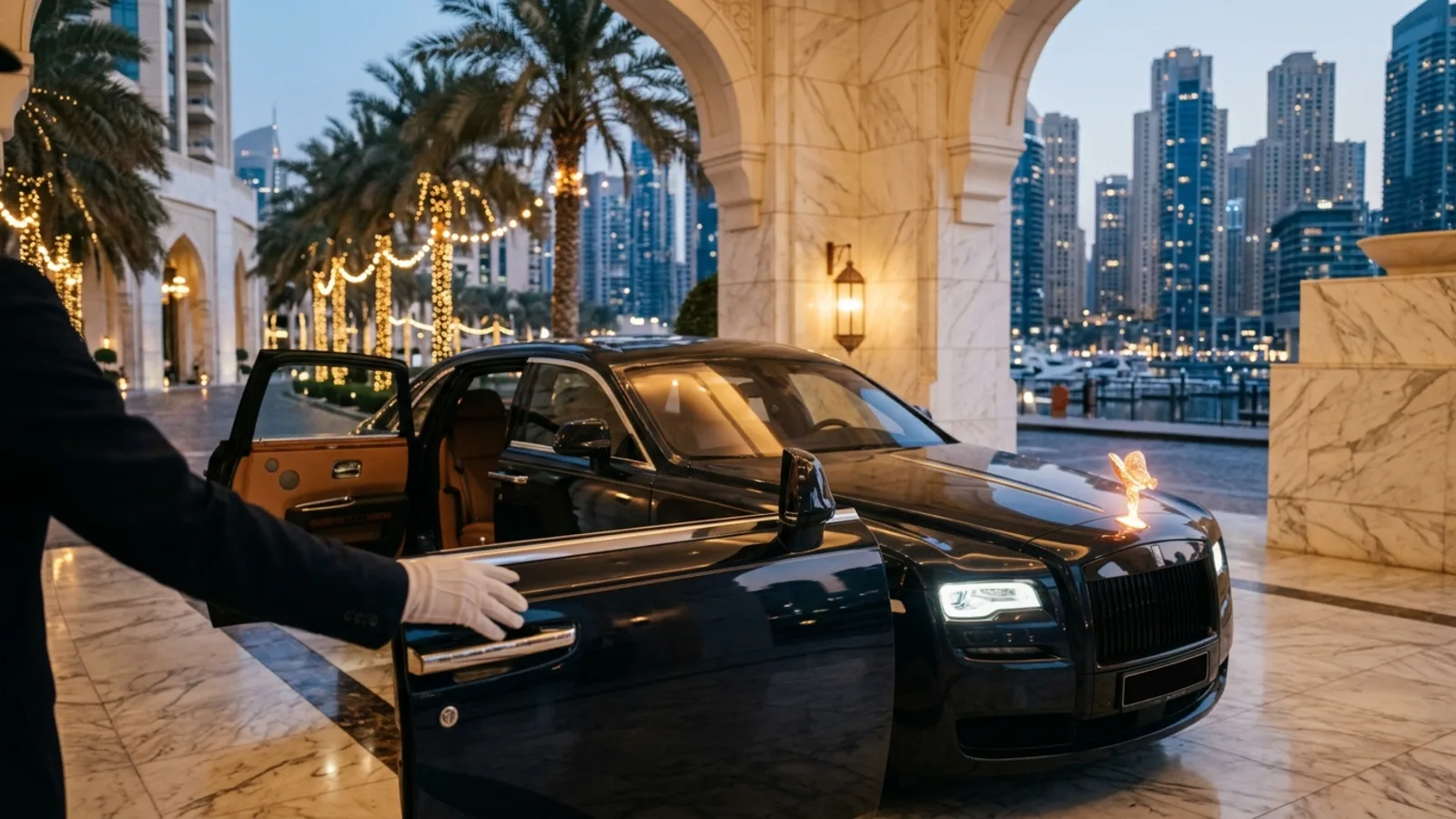 Chauffeur opens the door of a Rolls-Royce Ghost at a Dubai hotel entrance