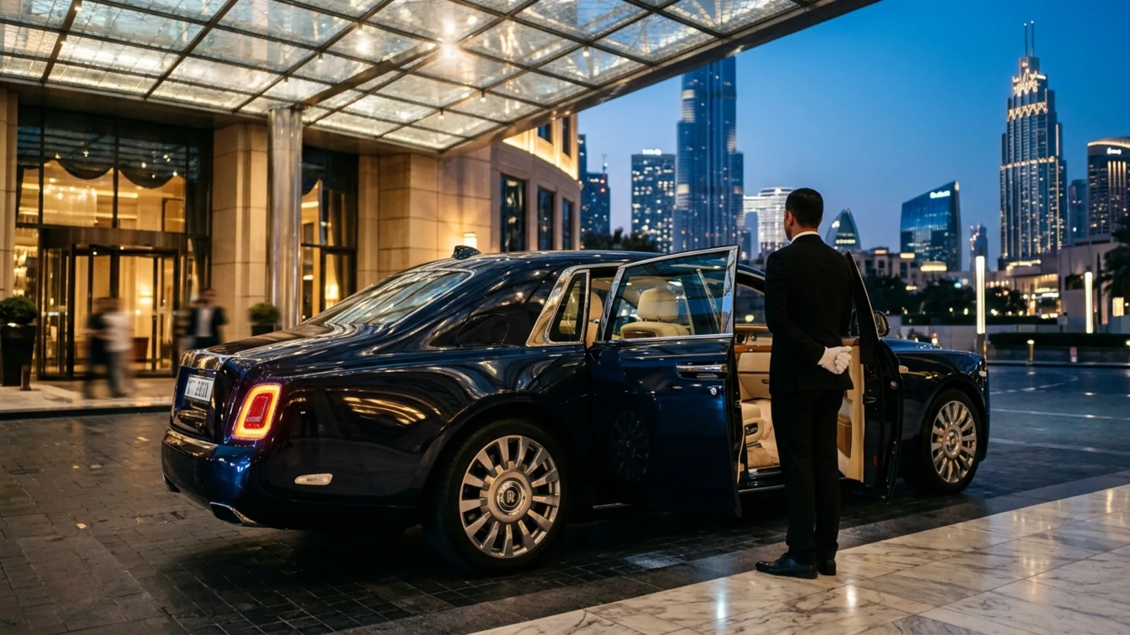 A majestic black Rolls-Royce Phantom parked outside a luxurious hotel in Dubai