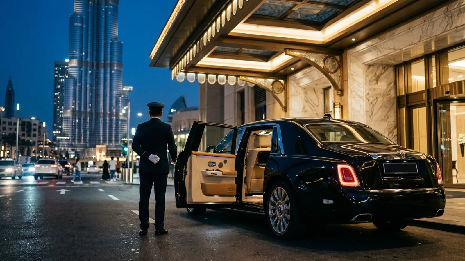 A luxury Rolls-Royce Phantom parked in front of a modern Dubai villa.