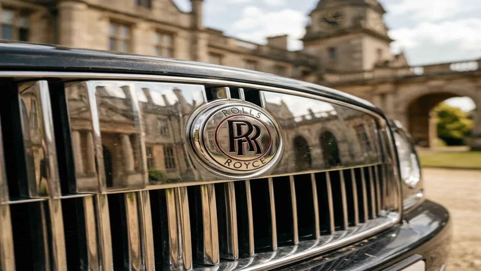 A modern Rolls-Royce grille badge with the double-R monogram reflecting classic heritage.