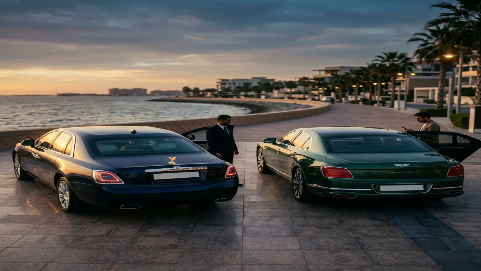 A black Rolls-Royce Ghost and a silver Bentley Continental GT parked outside a luxury Dubai hotel