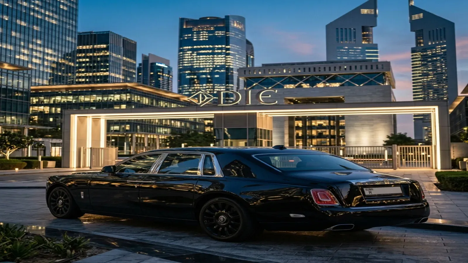 A black Rolls-Royce Phantom and Spirit of Ecstasy against Dubai's DIFC at dusk.