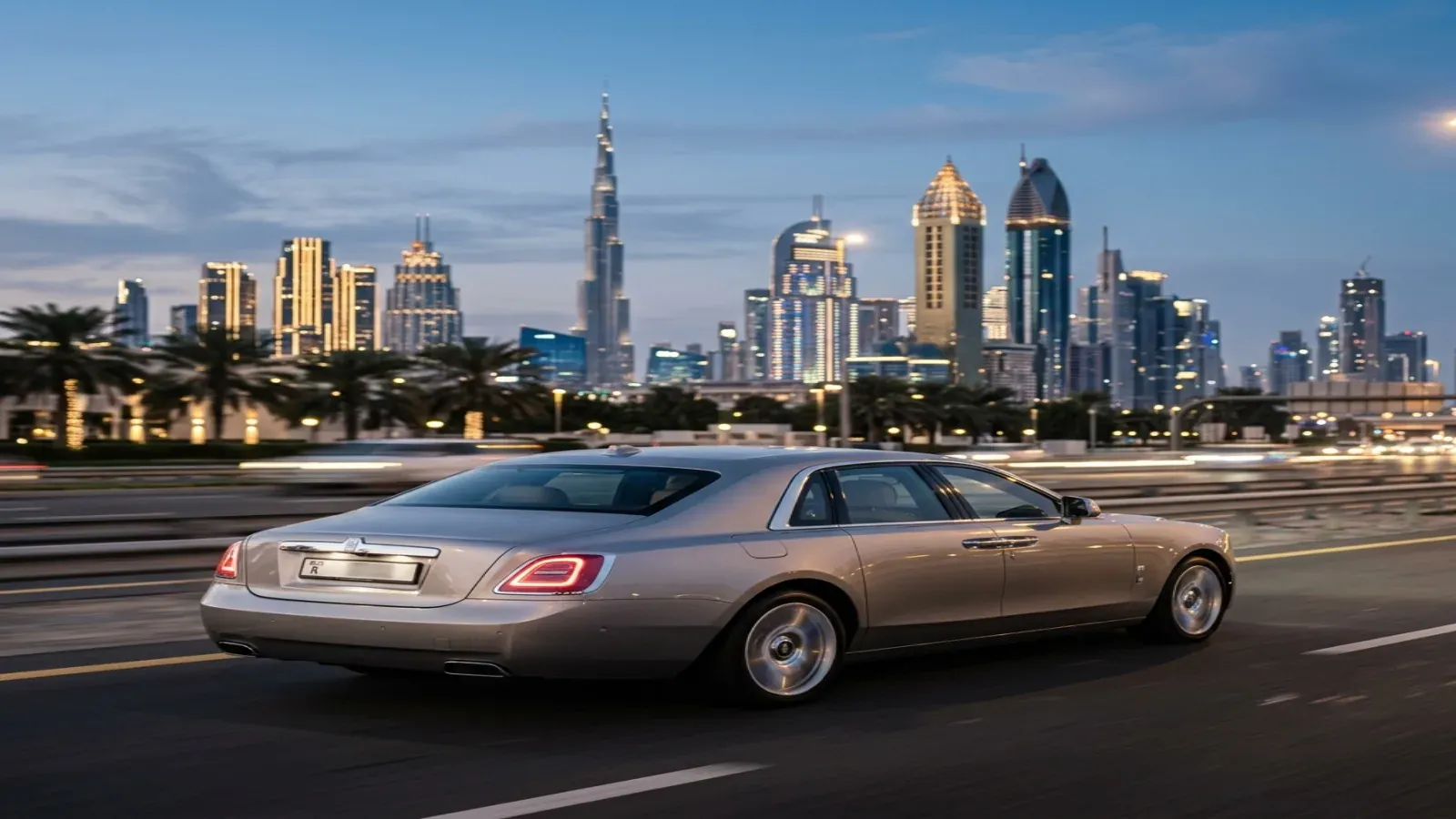 A silver-grey Rolls-Royce Ghost parked on Sheikh Zayed Road at dusk, showcasing its elegant profile.