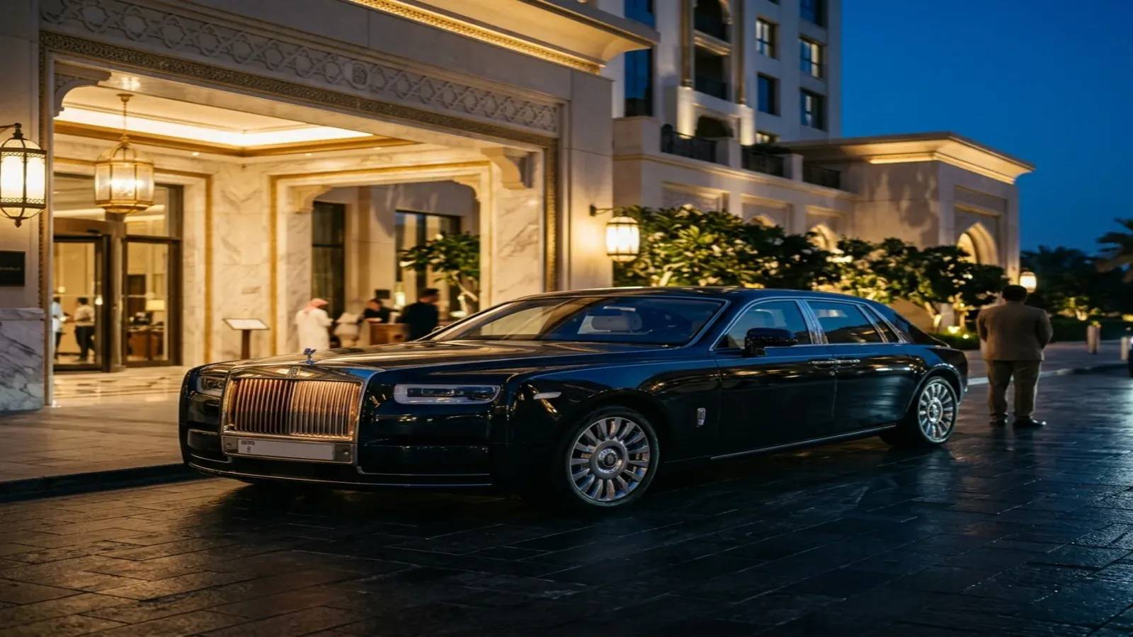 A luxury Rolls-Royce Cullinan parked outside a high-end villa in Dubai at sunset