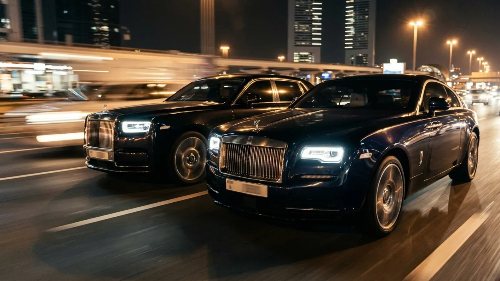 A Rolls-Royce Wraith and Phantom parked outside a luxury hotel in DIFC