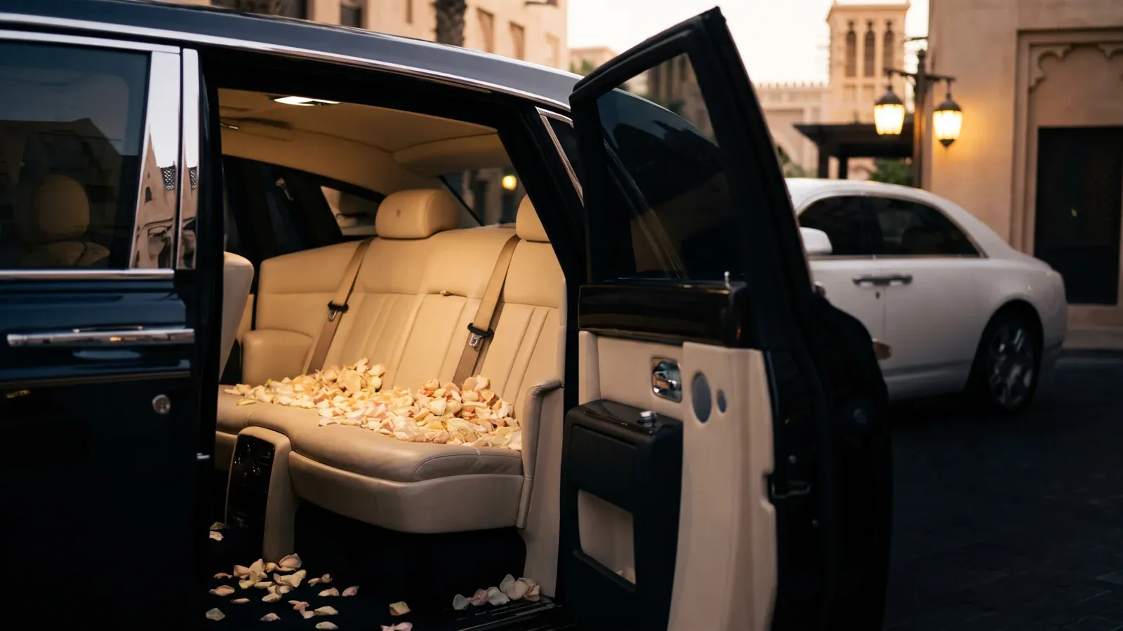 A comparison of the front grilles and headlights of a Rolls-Royce Phantom and a Rolls-Royce Ghost parked in Dubai