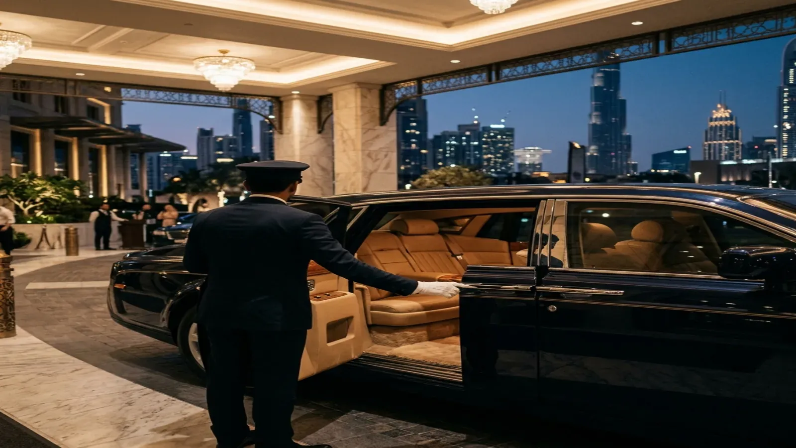 A silver Rolls-Royce Phantom cruising past Dubai Marina skyscrapers.