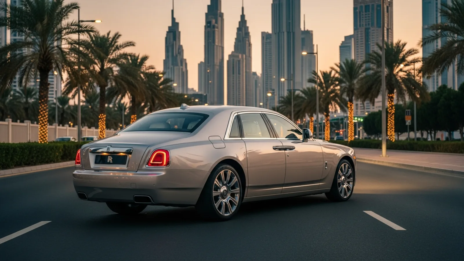 A luxury Rolls-Royce parked outside a premium Dubai resort at sunset, ready for a weekend drive