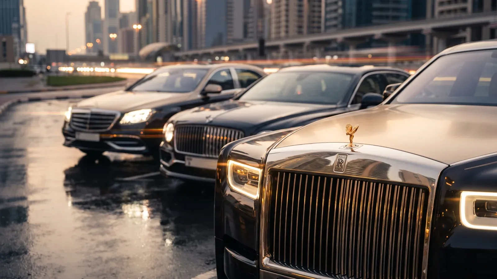 Rolls-Royce Phantom, Bentley and Maybach lined up at a Dubai hotel at golden hour.