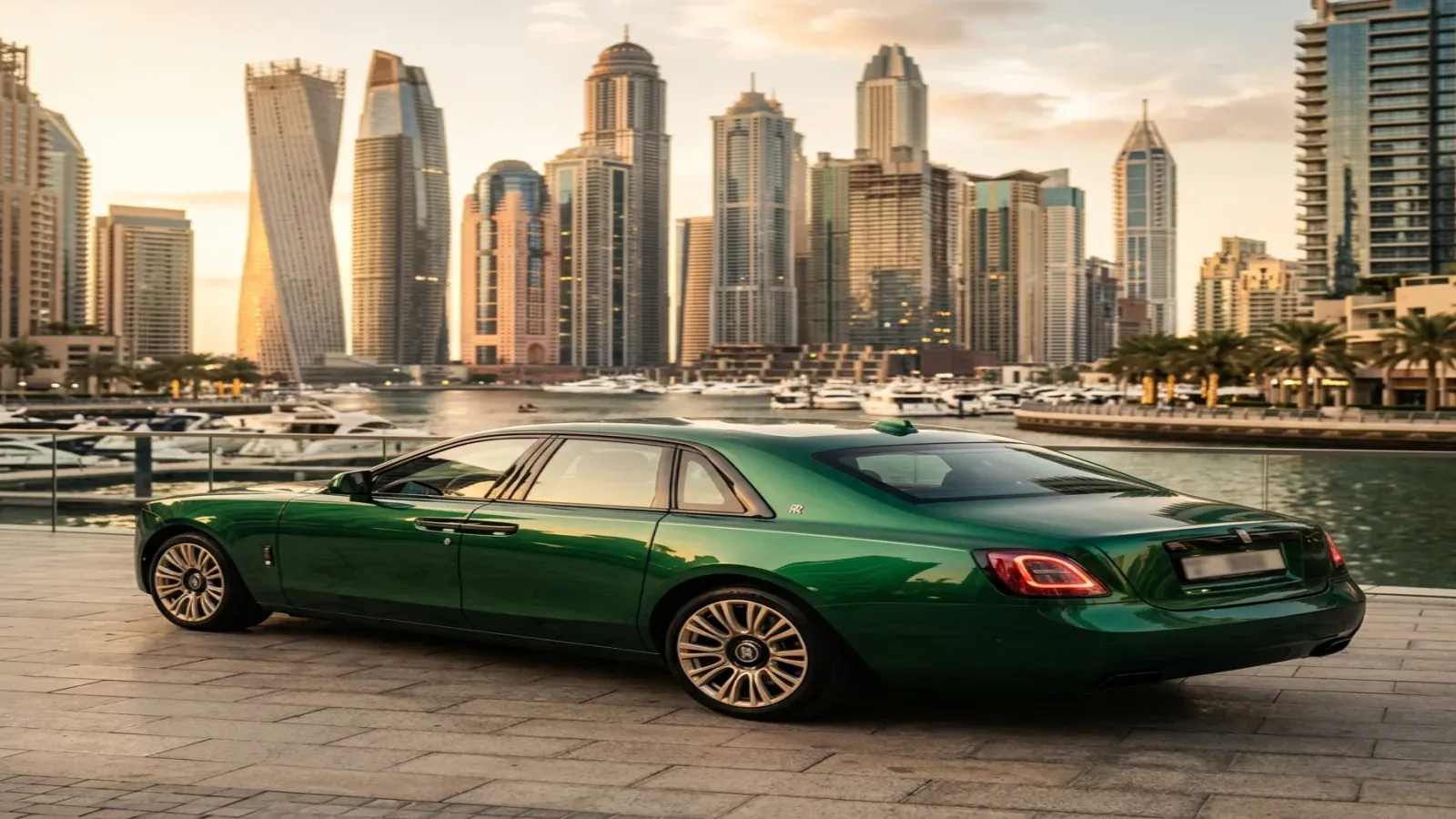 Элегантный Rolls-Royce Ghost британского происхождения припаркован перед современным небоскребом в Дубае.