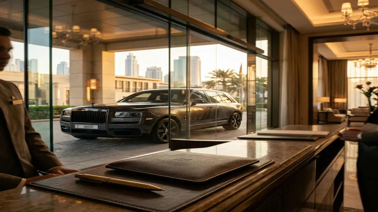 A black Rolls-Royce Cullinan Black Badge parked on the helipad of a luxury hotel in Dubai.