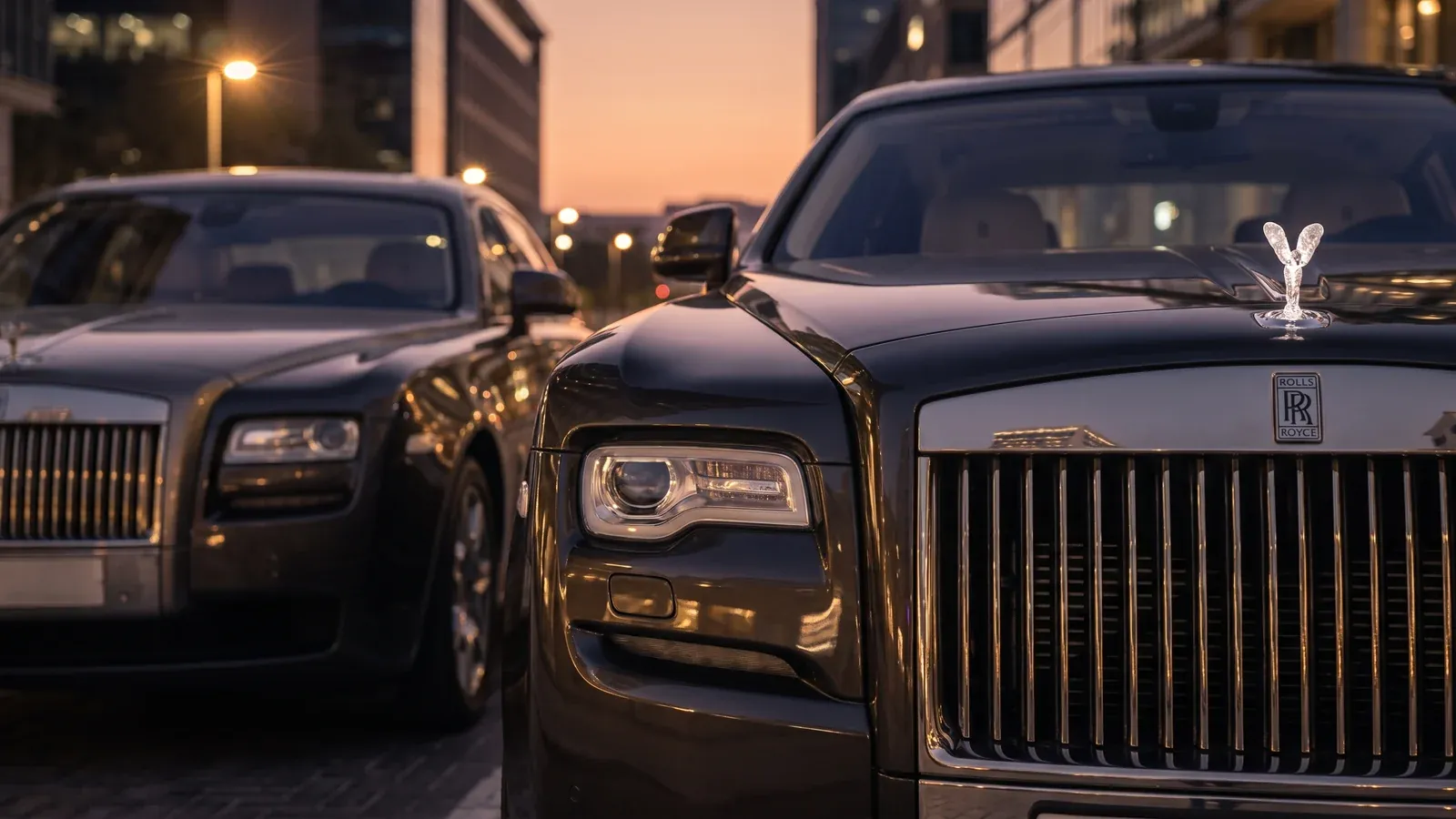 2012 and 2017 Rolls-Royce Ghost sedans compared at a Dubai hotel at golden hour.