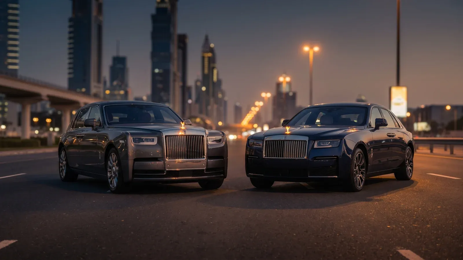 Rolls-Royce Ghost and Phantom parked side-by-side at a luxury estate