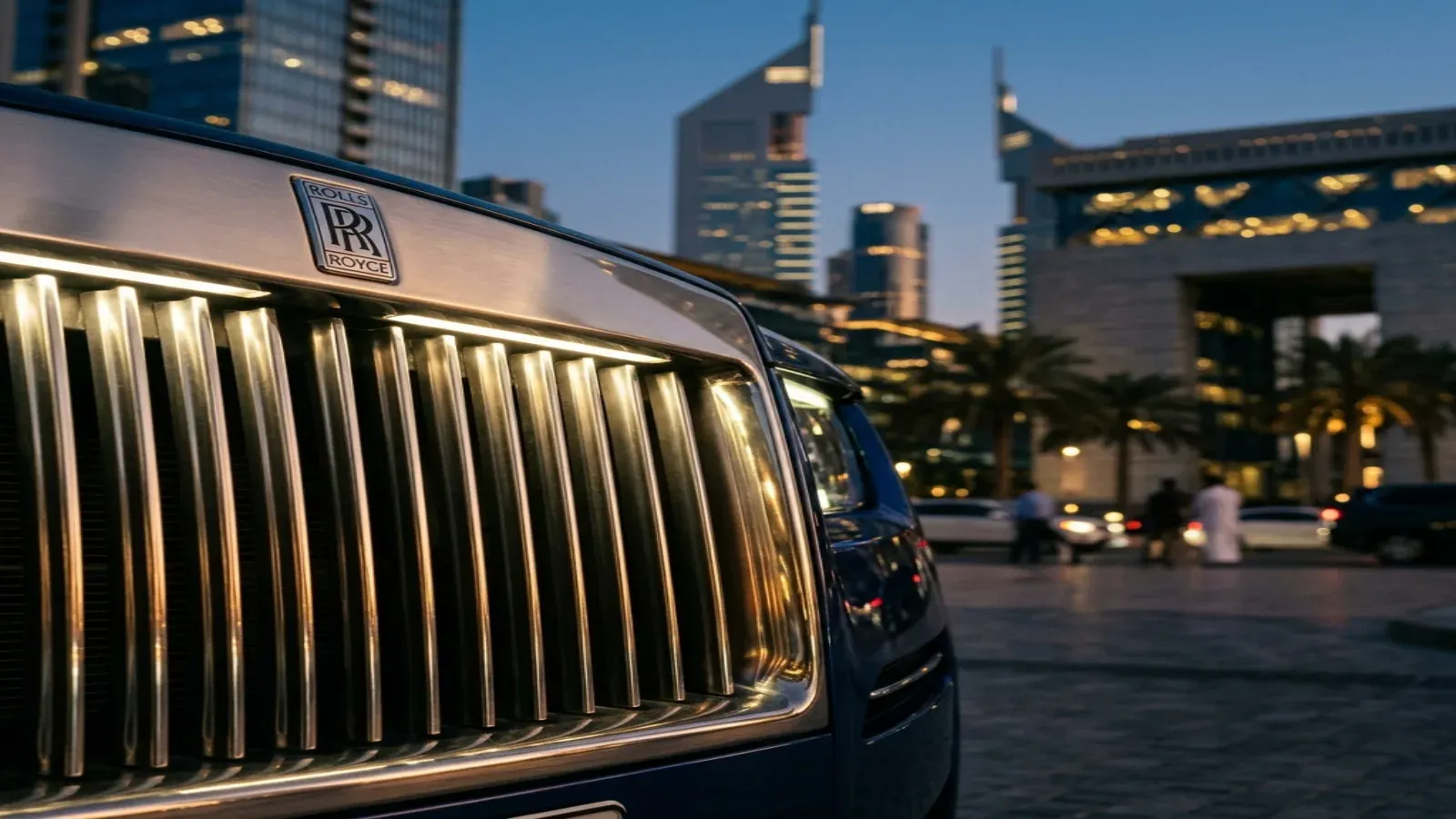 Interior details of a silver Rolls-Royce Ghost parked in DIFC, Dubai.