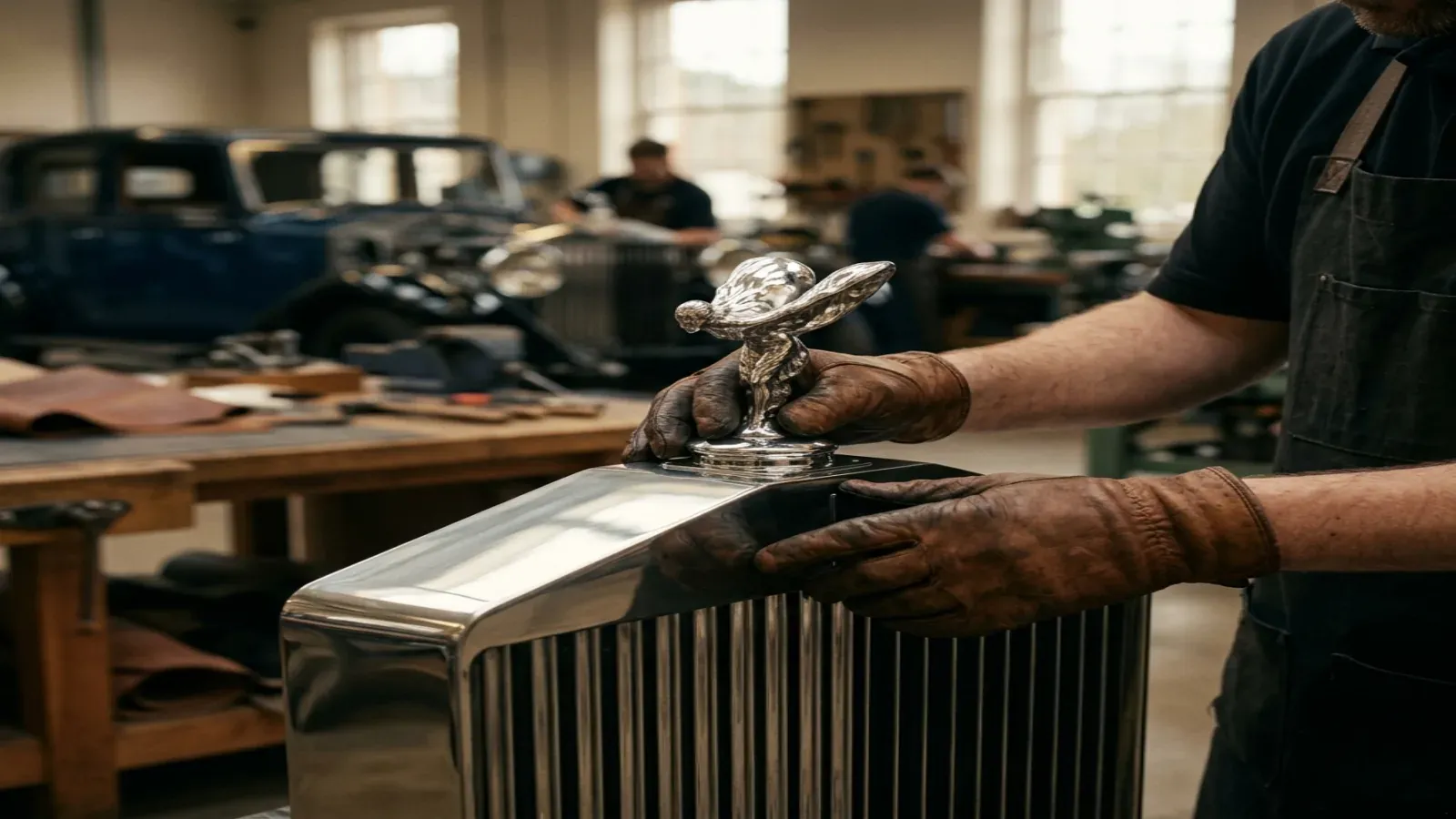 The Spirit of Ecstasy mascot on a Rolls-Royce Pantheon grille