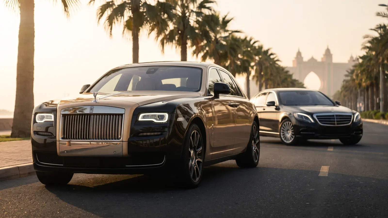A silver Rolls-Royce Ghost side-by-side with a black Mercedes S-Class on Palm Jumeirah at golden hour.