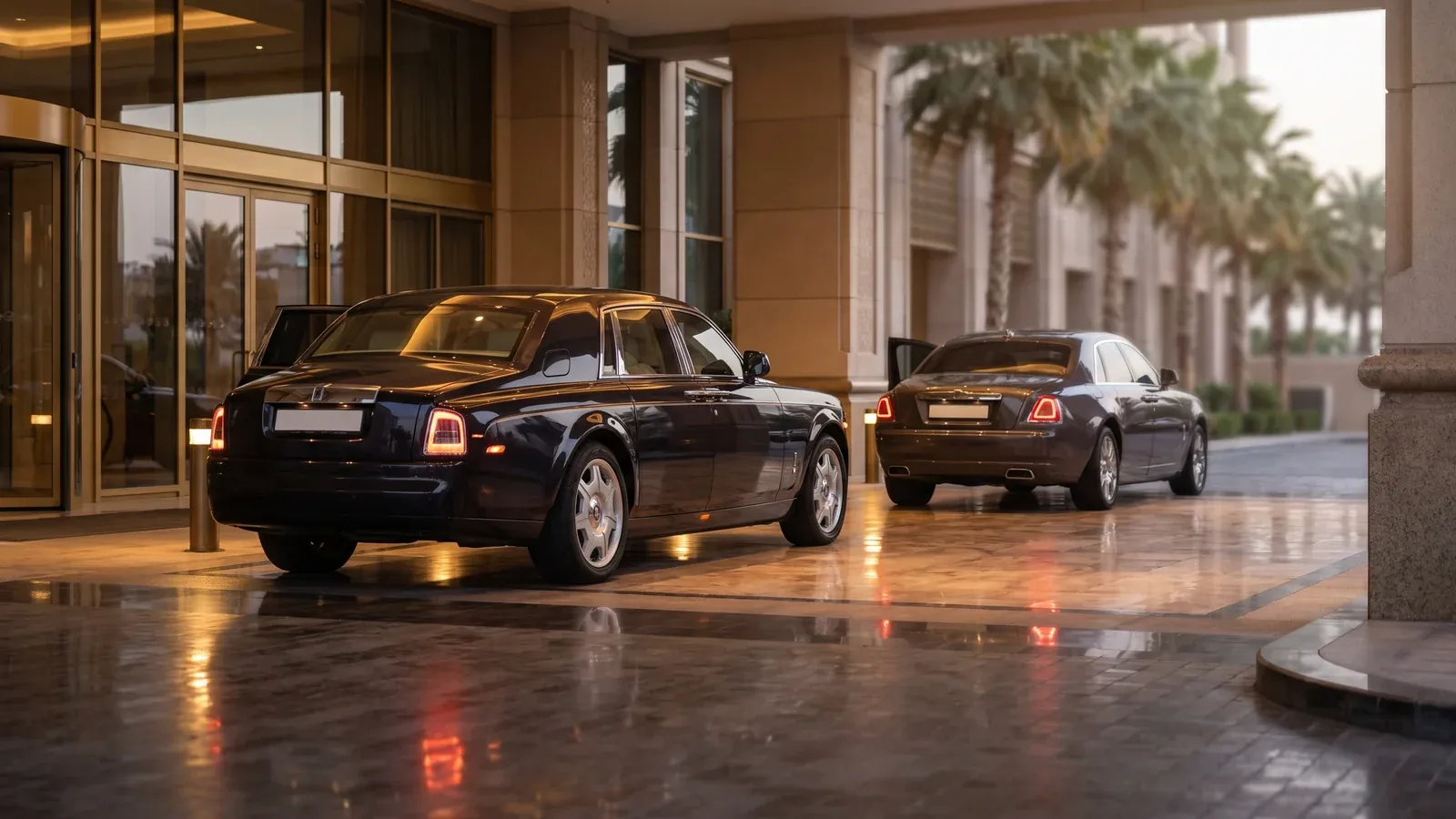 Сравнительный вид спереди белого Rolls-Royce Phantom и черного Ghost у входа в отель в Дубае