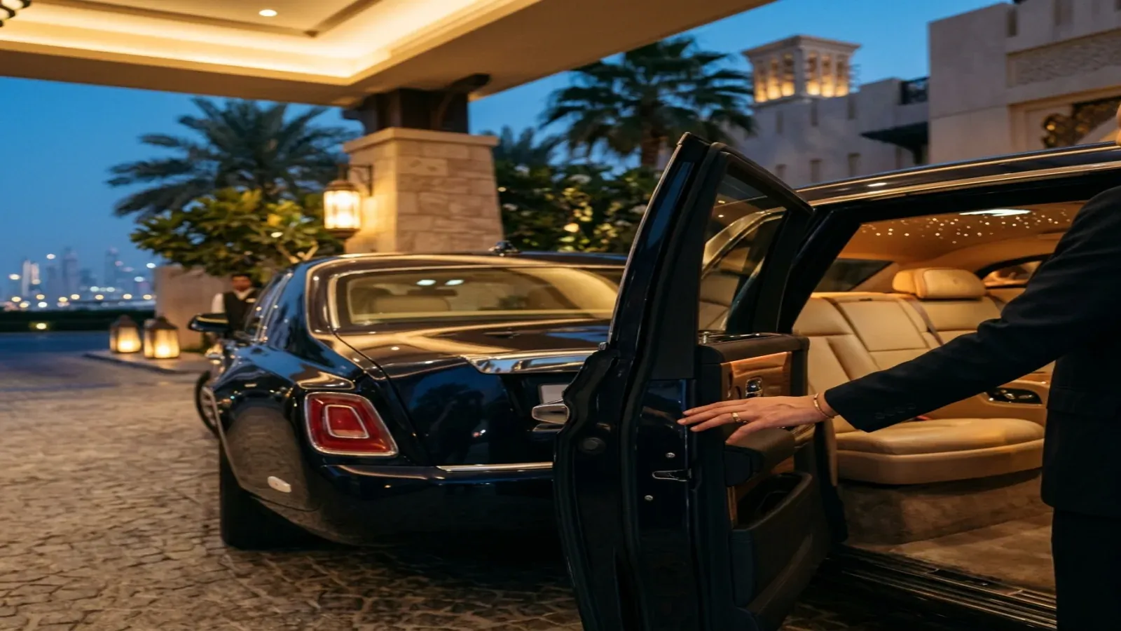 Burgundy Rolls-Royce Phantom at a Palm Jumeirah resort entrance in Dubai.