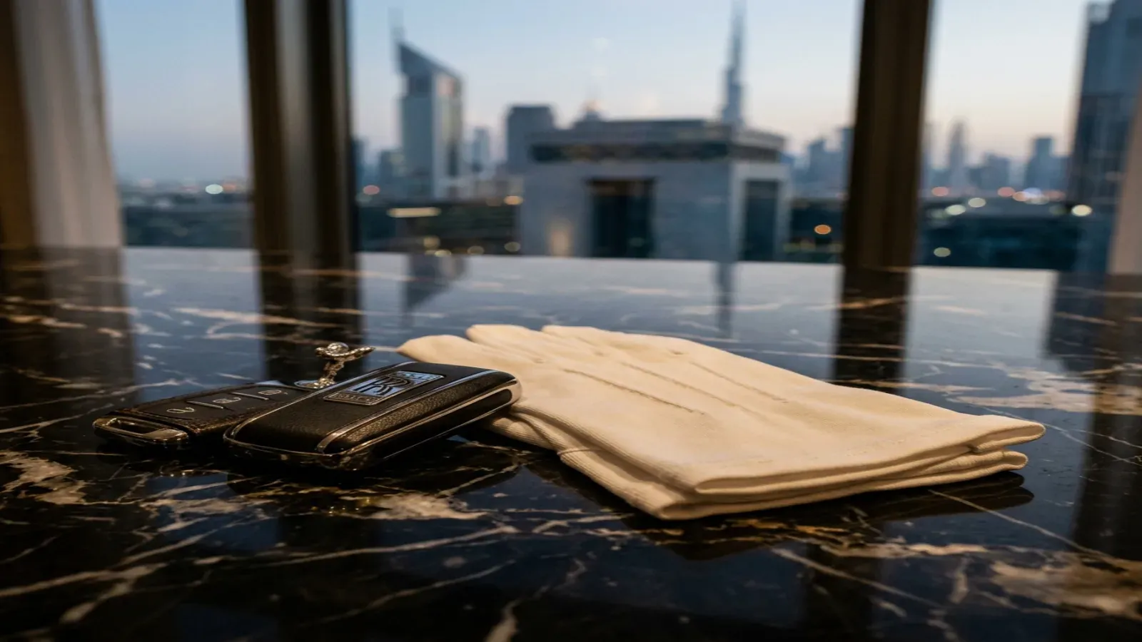 A Rolls-Royce key fob and a folded white glove resting on dark polished marble